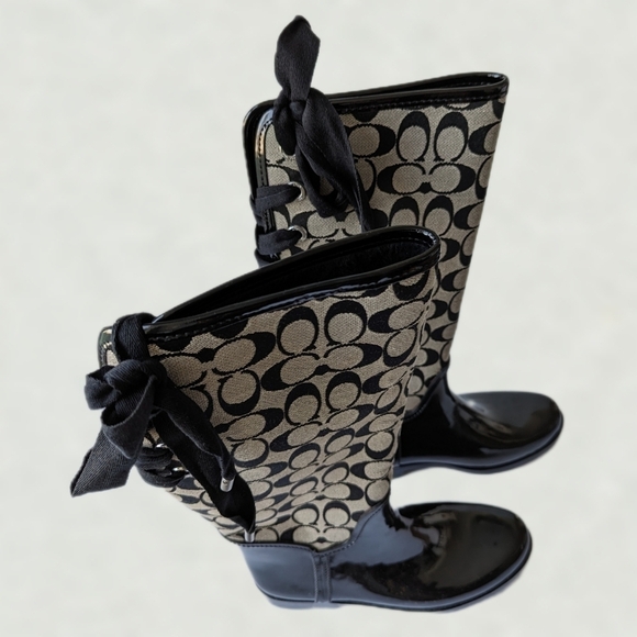 Coach Tristee Black Khaki Monogram Knee-High Rain Boots Corset Lacing - sz 8 - Picture 6 of 13